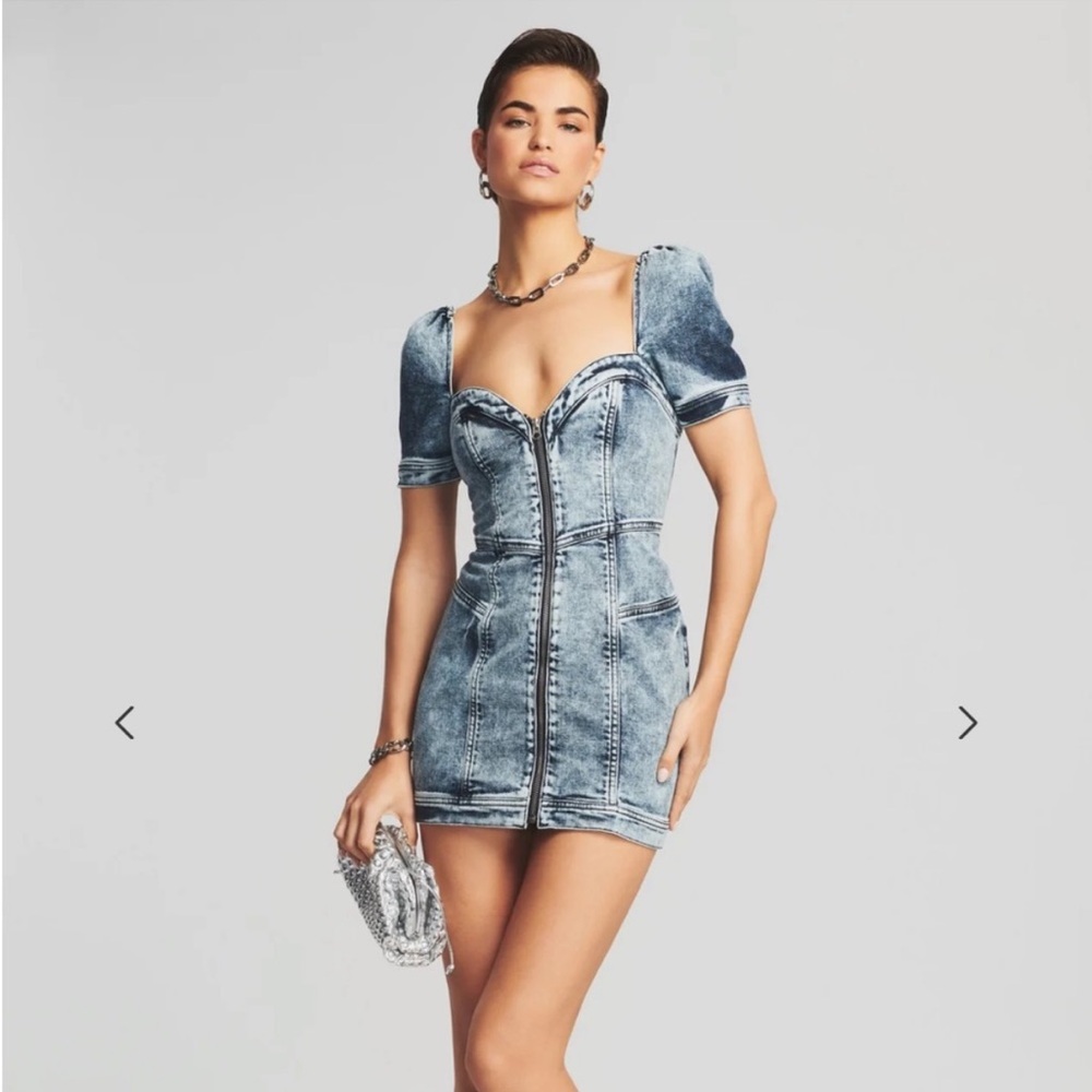 Retrofête Puff Sleeve Denim Zip Front Mini Dress Size M